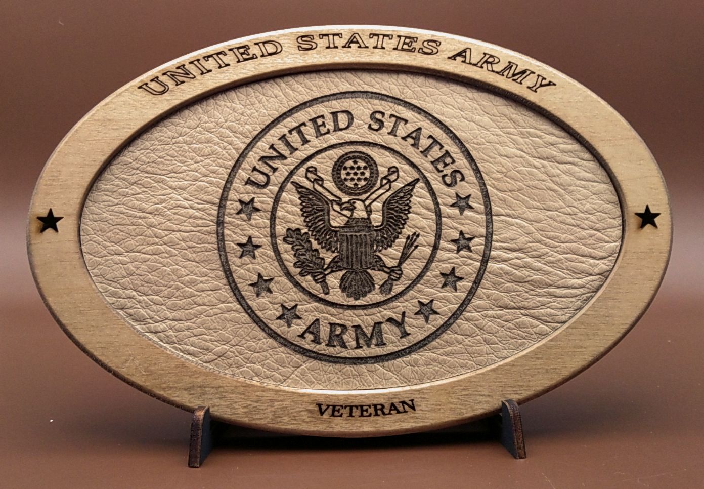 US Army Veteran Service Recognition Plaque, Engraved Leather,Hand-Finished,Wood Plaque,Military Gift,Desk Display,Wood Carving, Desk Display