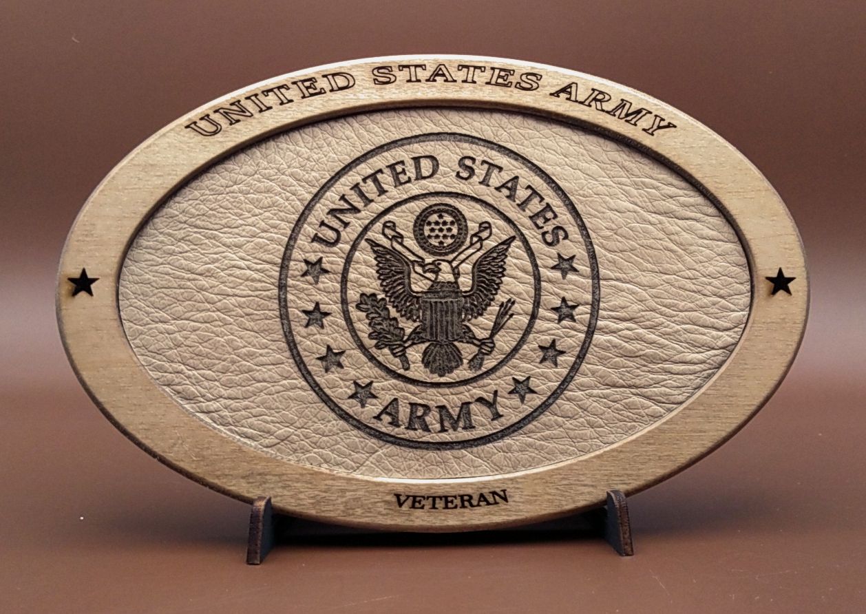 US Army Veteran Service Recognition Plaque, Engraved Leather,Hand-Finished,Wood Plaque,Military Gift,Desk Display,Wood Carving, Desk Display