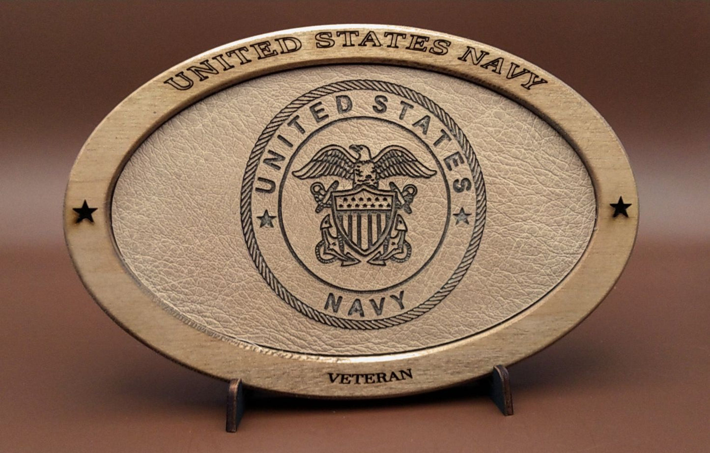 US Navy Veteran Service Recognition Plaque,Engraved Leather,Solid,Military Gift,Desk Display,Navy,Wood Carving,Desk Display,Recognition