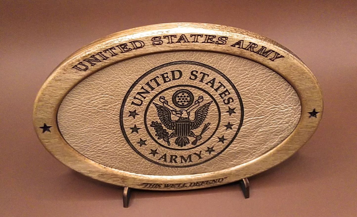 US Army Service Recognition Plaque,Patriotic Display,Engraved Leather,Veteran Gift,Military Gift,Desk Display,USA,Wood Carving, Desk Display