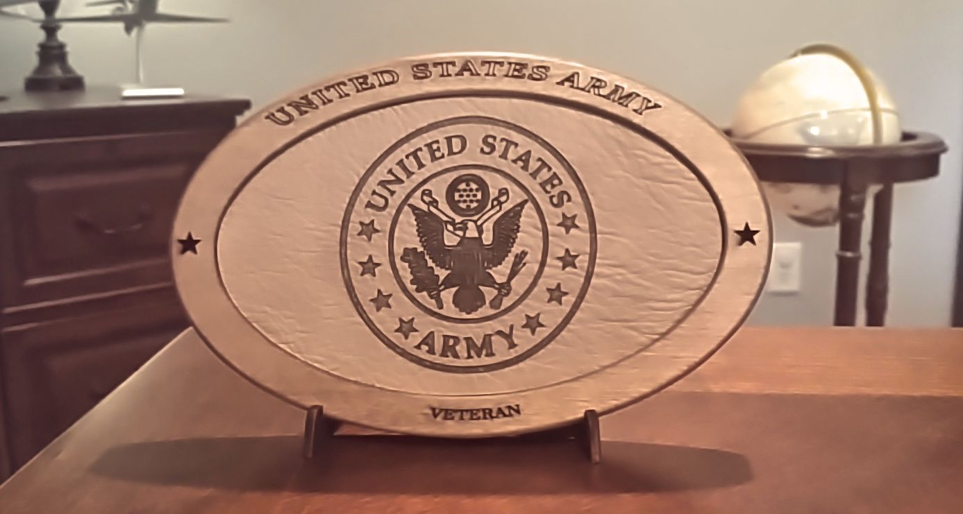 US Army Veteran Service Recognition Plaque, Engraved Leather,Hand-Finished,Wood Plaque,Military Gift,Desk Display,Wood Carving, Desk Display
