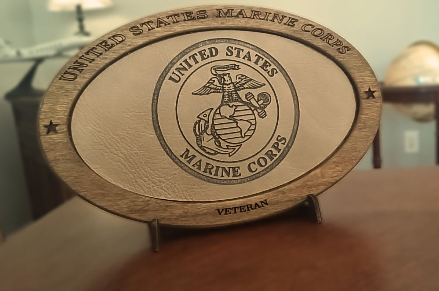 US Marine Corps Veteran Service Recognition Plaque, Engraved Leather,Hand-Finished,Military Gift,Desk Display,USMC,Solid Wood,Desk Display