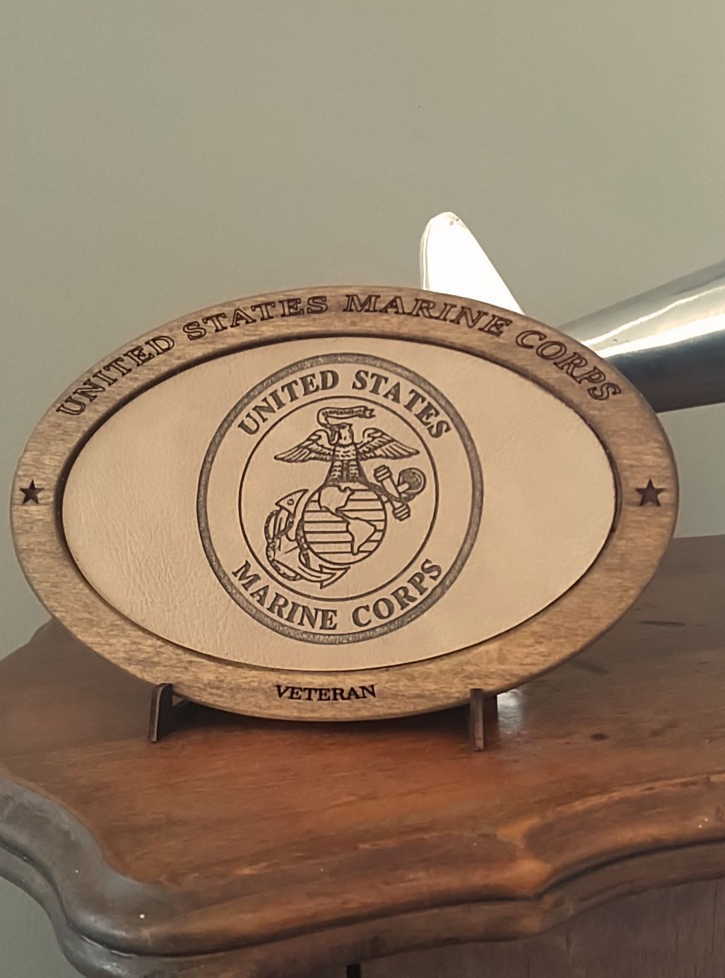 US Marine Corps Veteran Service Recognition Plaque, Engraved Leather,Hand-Finished,Military Gift,Desk Display,USMC,Solid Wood,Desk Display