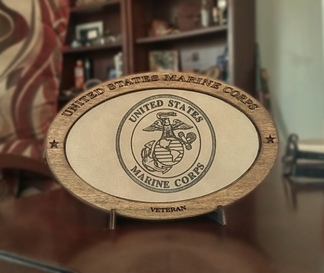 US Marine Corps Veteran Service Recognition Plaque, Engraved Leather,Hand-Finished,Military Gift,Desk Display,USMC,Solid Wood,Desk Display