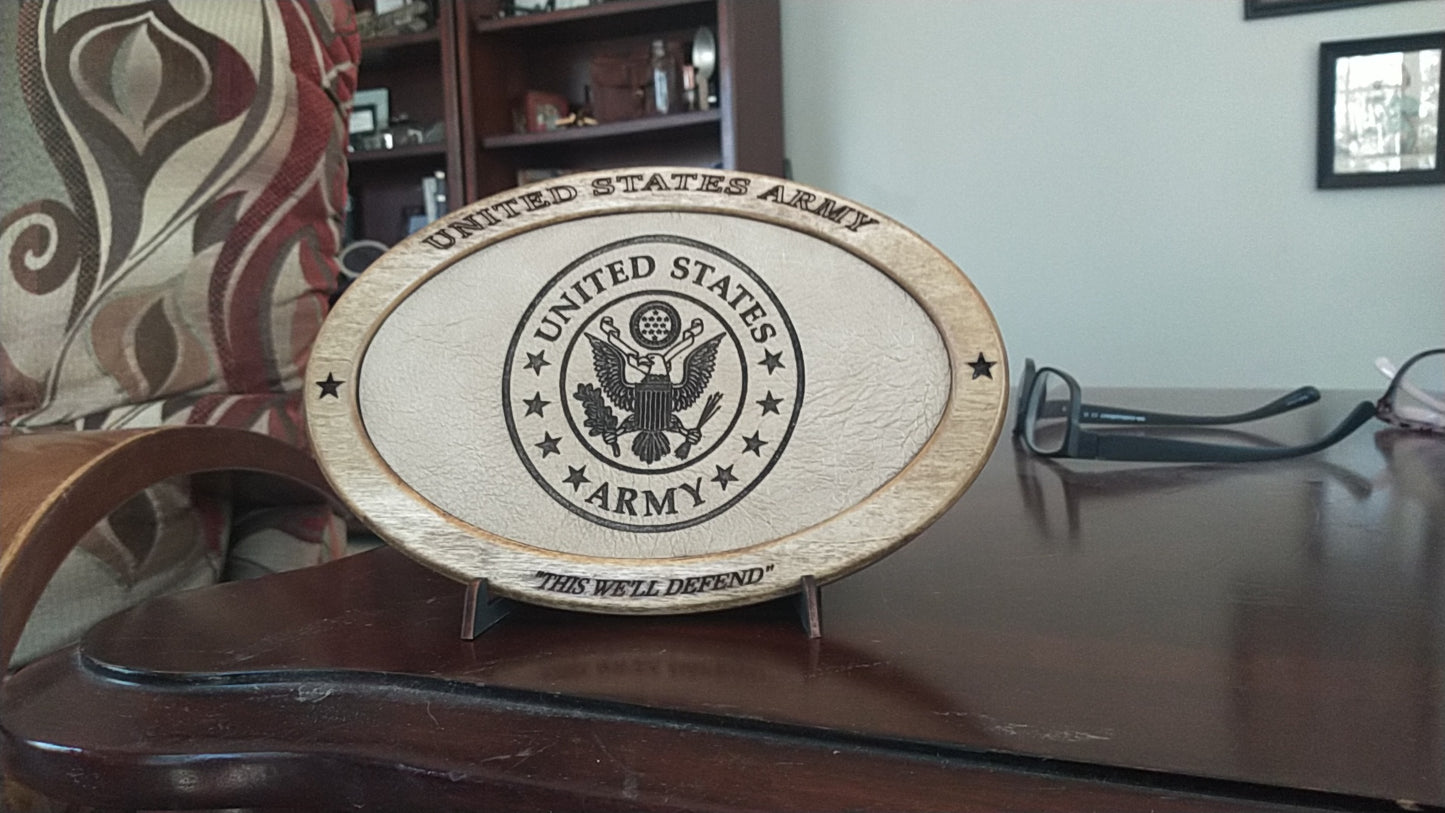 US Army Service Recognition Plaque,Patriotic Display,Engraved Leather,Veteran Gift,Military Gift,Desk Display,USA,Wood Carving, Desk Display