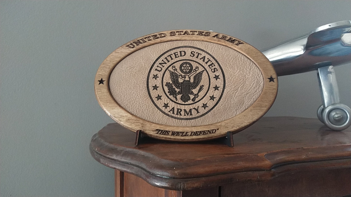 US Army Service Recognition Plaque,Patriotic Display,Engraved Leather,Veteran Gift,Military Gift,Desk Display,USA,Wood Carving, Desk Display