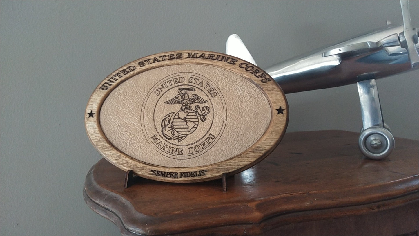 US Marine Corps Service Recognition Plaque, Engraved Leather,Solid Wood,Veteran Gift,Military Gift,Desk Display,Wood Carving,USMC