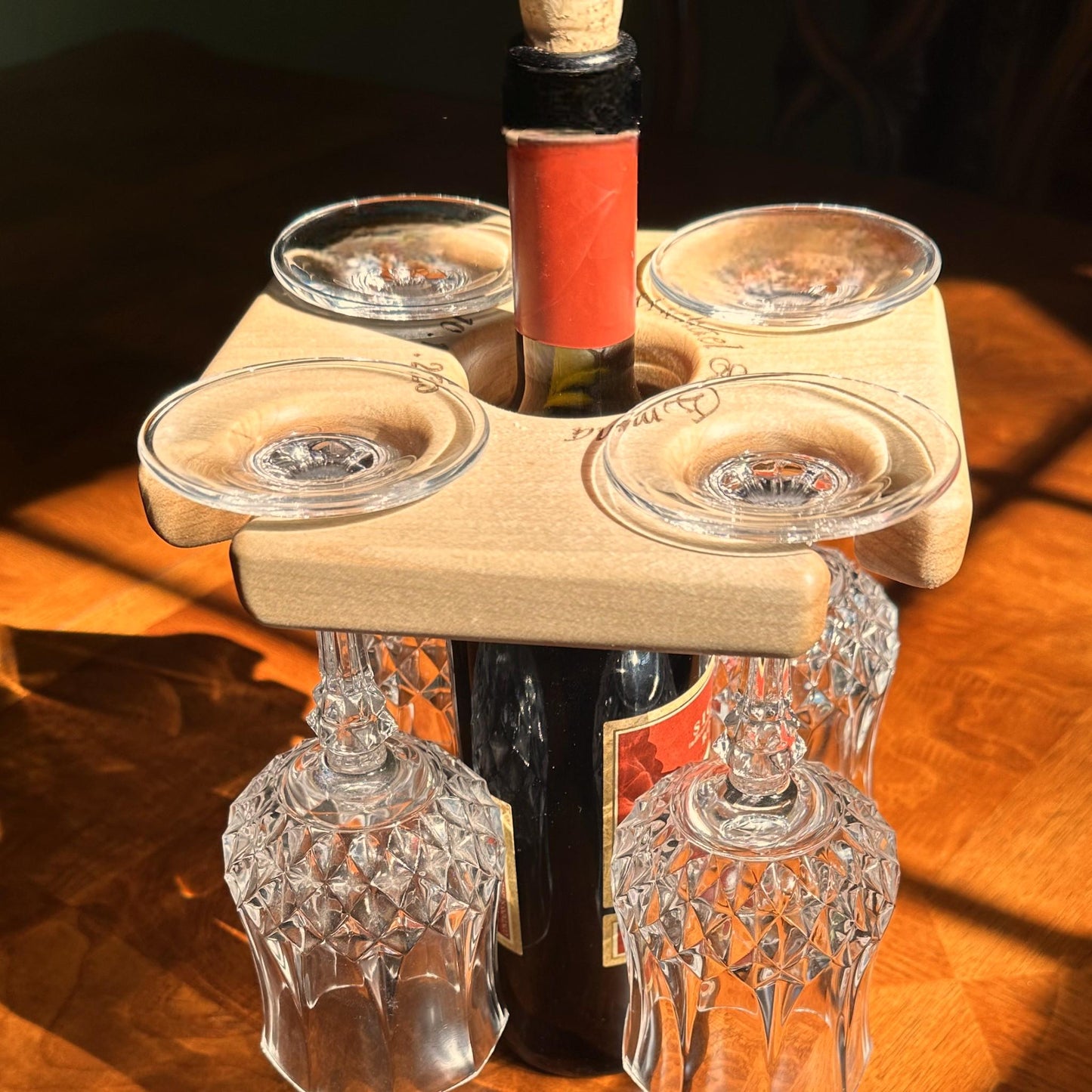 Personalized Wooden Wine Glass Caddy – Handmade, Holds 4 Glasses