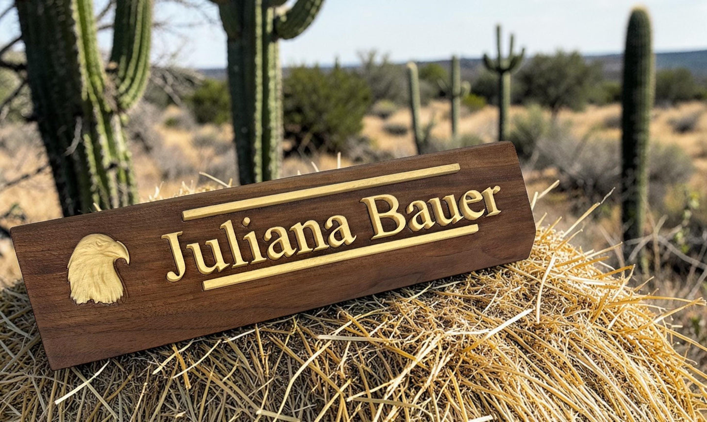 Personalized Rustic Nameplate— Carved Wood - your name pops. Desk-ready gift!