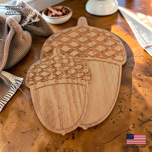 Handcrafted Acorn Serving Tray. Rustic Carved Display Platter.