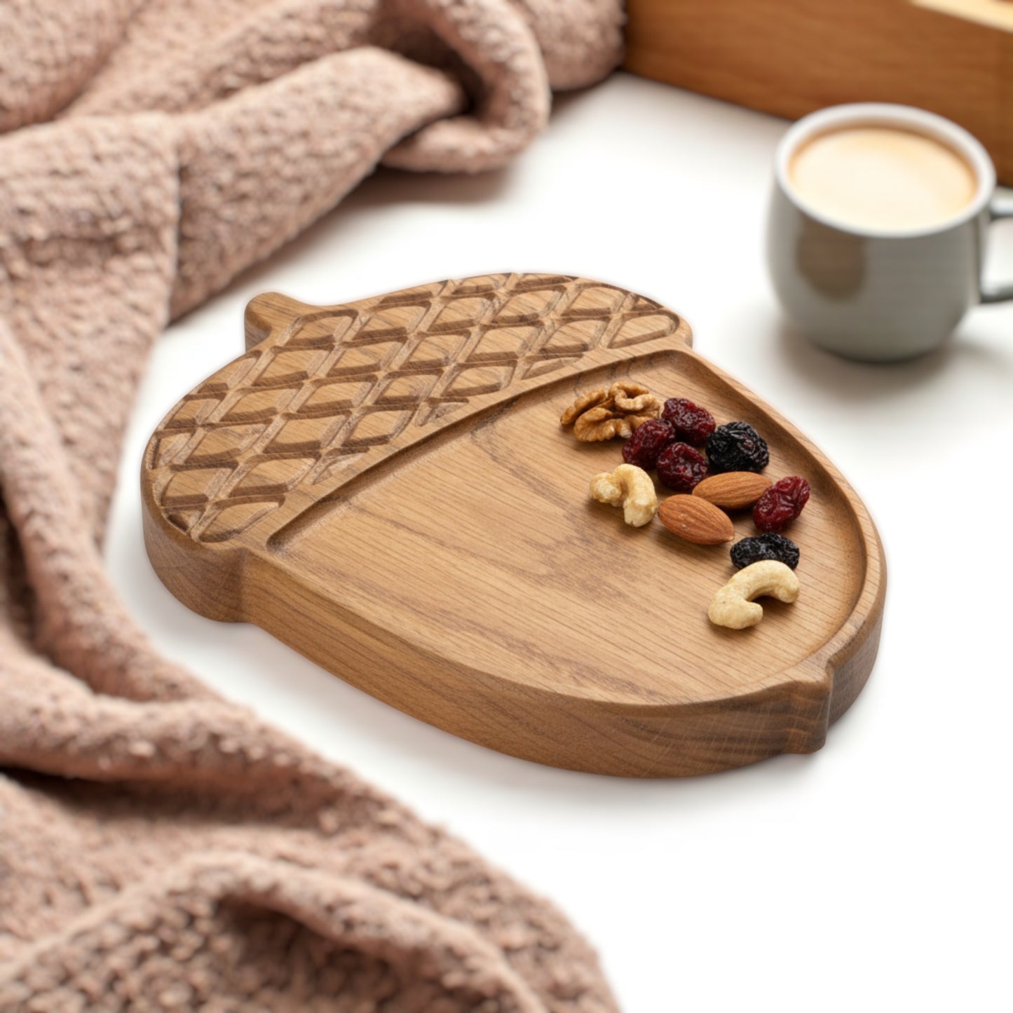 Handcrafted Acorn Serving Tray. Rustic Carved Display Platter.