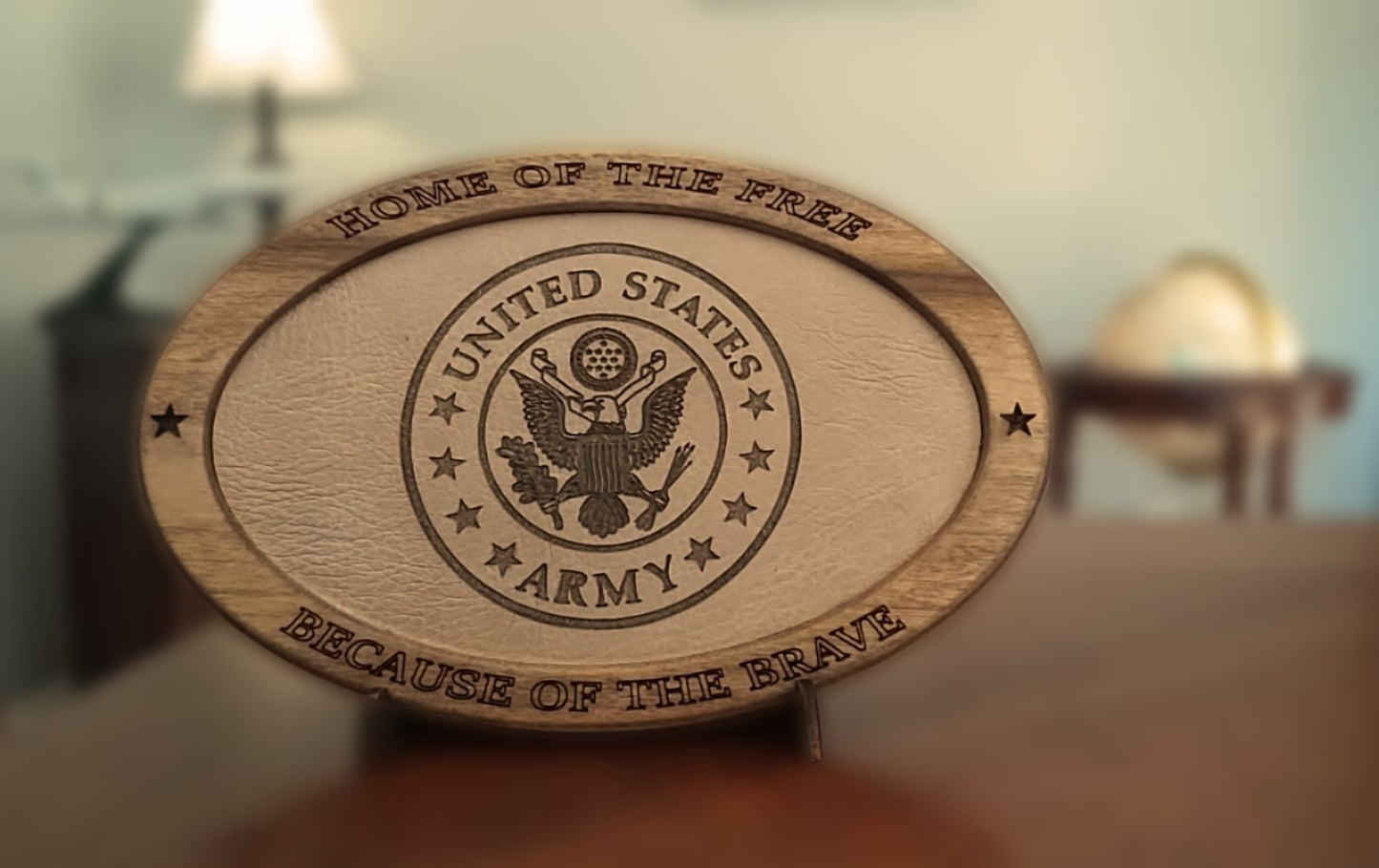 US Army,Patriotic Display,Engraved Leather,Wood Plaque,Wood Carving,Veteran Gift,Military Gift, Birthday Gift,Desk Display, US Army, Thank You