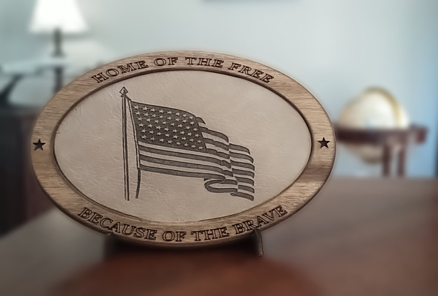 Patriotic Display,Engraved Leather,Wood Plaque,Wood Carving,Veteran Gift,Military Gift, Birthday Gift,Desk Display, US Flag, American Flag