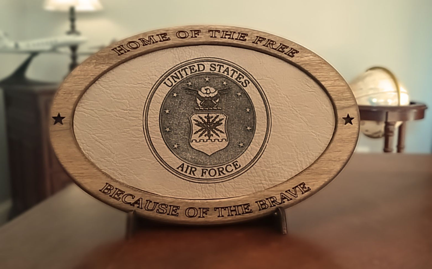 US Air Force Service Recognition Plaque, Engraved Leather,Solid Wood Carving,Veteran Gift,Military Gift,Birthday Gift,Desk Display,USAF