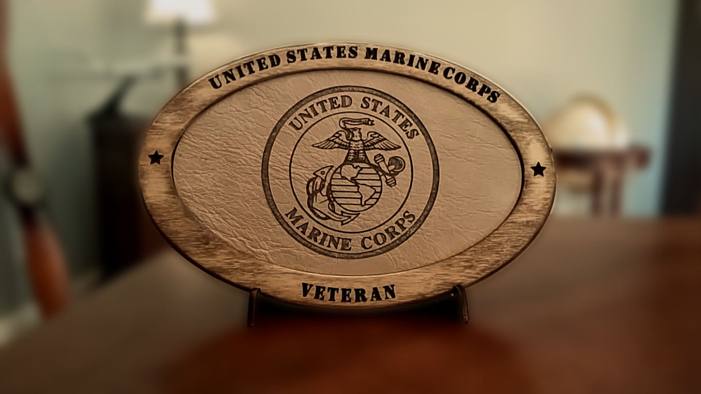 US Marine Corps Veteran Service Recognition Plaque, Engraved Leather,Hand-Finished,Military Gift,Desk Display,USMC,Solid Wood,Desk Display