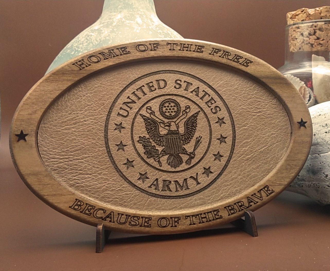 US Army,Patriotic Display,Engraved Leather,Wood Plaque,Wood Carving,Veteran Gift,Military Gift, Birthday Gift,Desk Display, US Army, Thank You