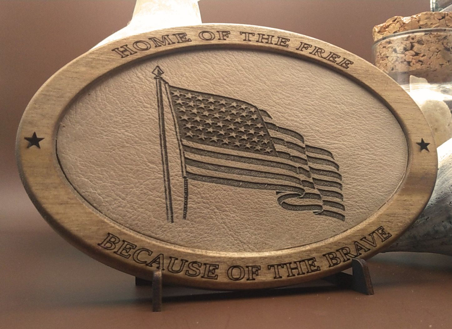 Patriotic Display,Engraved Leather,Wood Plaque,Wood Carving,Veteran Gift,Military Gift, Birthday Gift,Desk Display, US Flag, American Flag