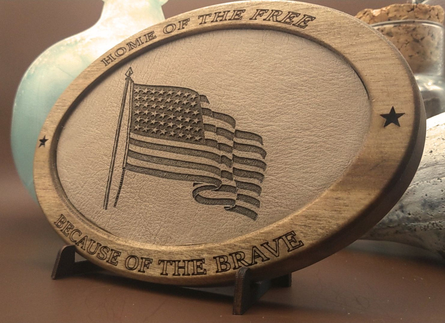 Patriotic Display,Engraved Leather,Wood Plaque,Wood Carving,Veteran Gift,Military Gift, Birthday Gift,Desk Display, US Flag, American Flag