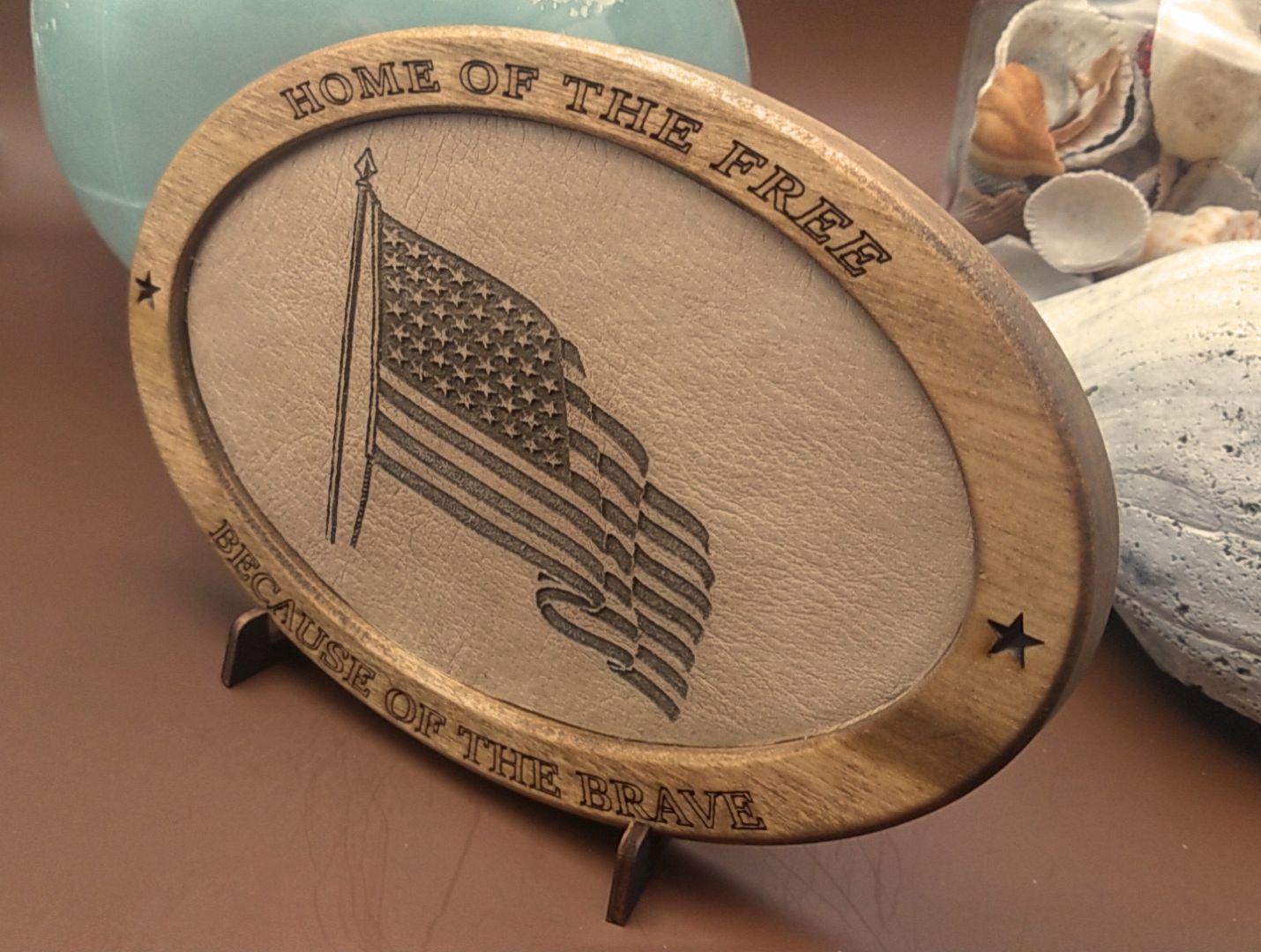 Patriotic Display,Engraved Leather,Wood Plaque,Wood Carving,Veteran Gift,Military Gift, Birthday Gift,Desk Display, US Flag, American Flag