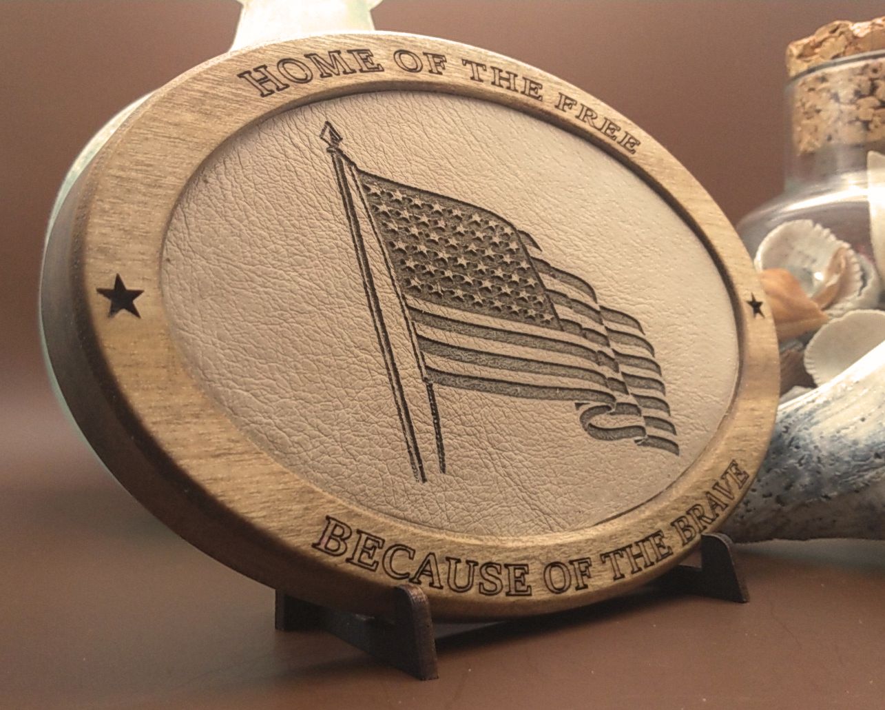 Patriotic Display,Engraved Leather,Wood Plaque,Wood Carving,Veteran Gift,Military Gift, Birthday Gift,Desk Display, US Flag, American Flag