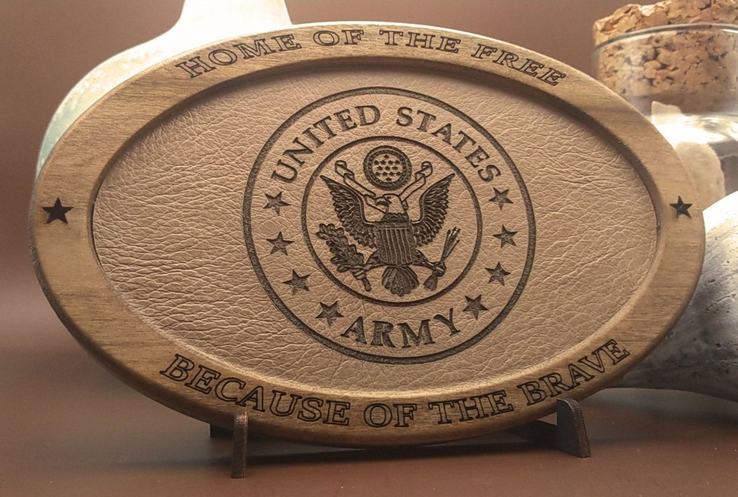 US Army,Patriotic Display,Engraved Leather,Wood Plaque,Wood Carving,Veteran Gift,Military Gift, Birthday Gift,Desk Display, US Army, Thank You