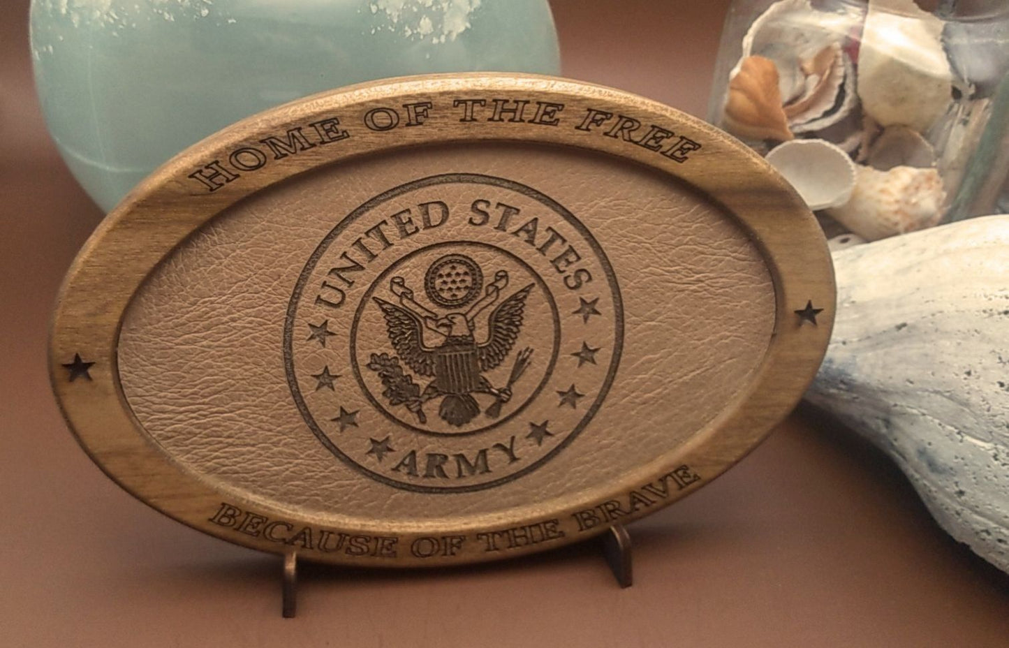 US Army,Patriotic Display,Engraved Leather,Wood Plaque,Wood Carving,Veteran Gift,Military Gift, Birthday Gift,Desk Display, US Army, Thank You