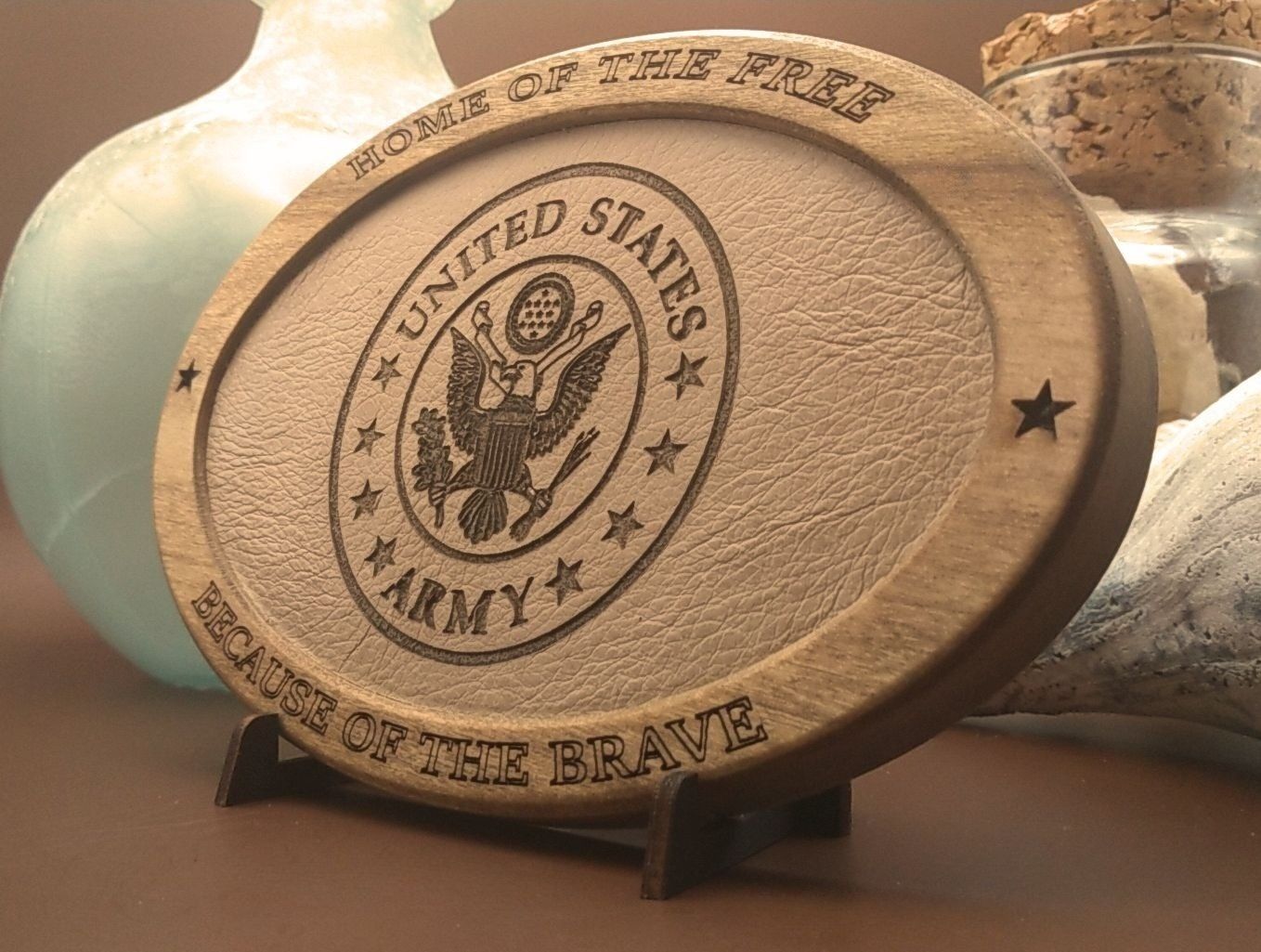 US Army,Patriotic Display,Engraved Leather,Wood Plaque,Wood Carving,Veteran Gift,Military Gift, Birthday Gift,Desk Display, US Army, Thank You