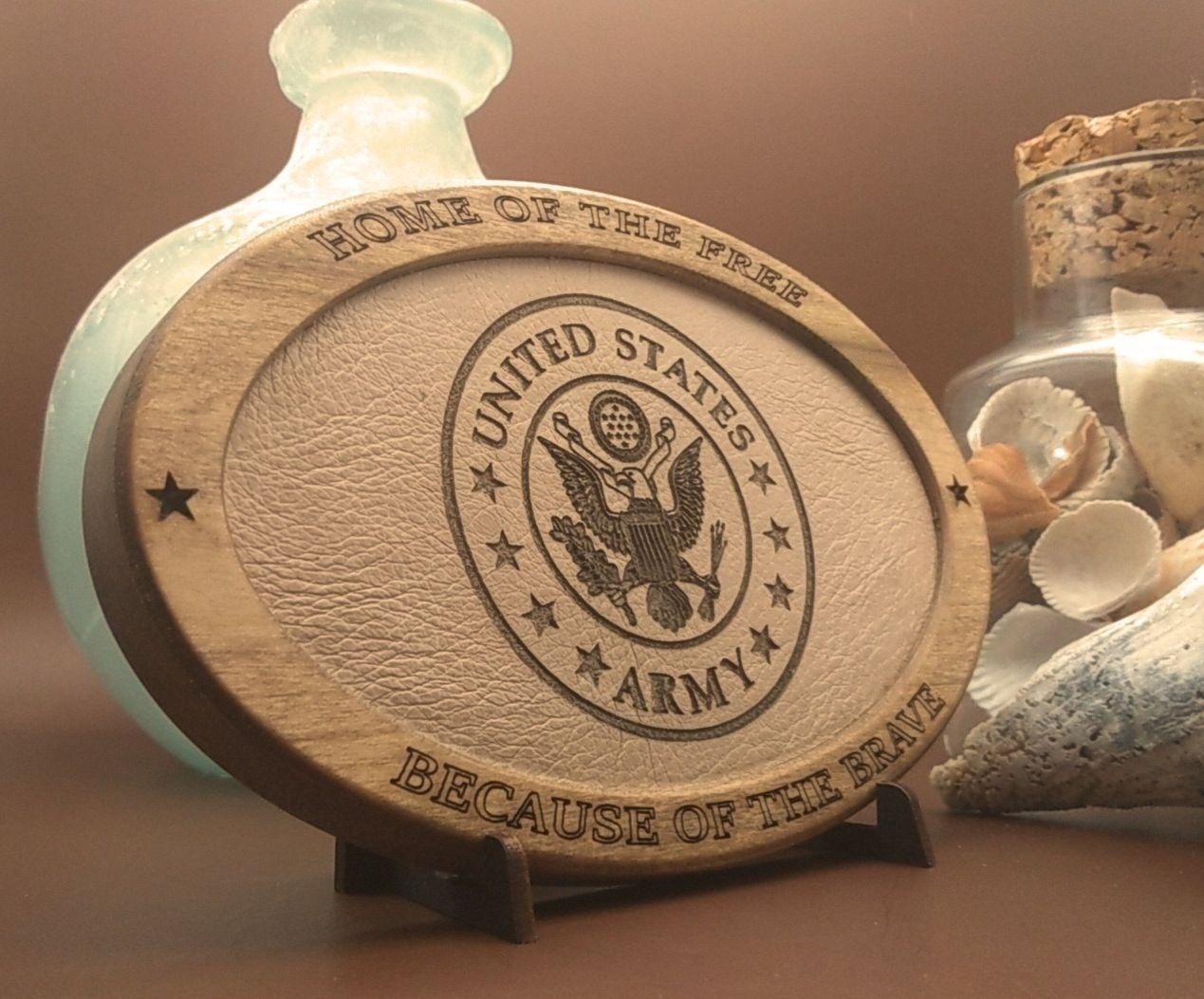 US Army,Patriotic Display,Engraved Leather,Wood Plaque,Wood Carving,Veteran Gift,Military Gift, Birthday Gift,Desk Display, US Army, Thank You