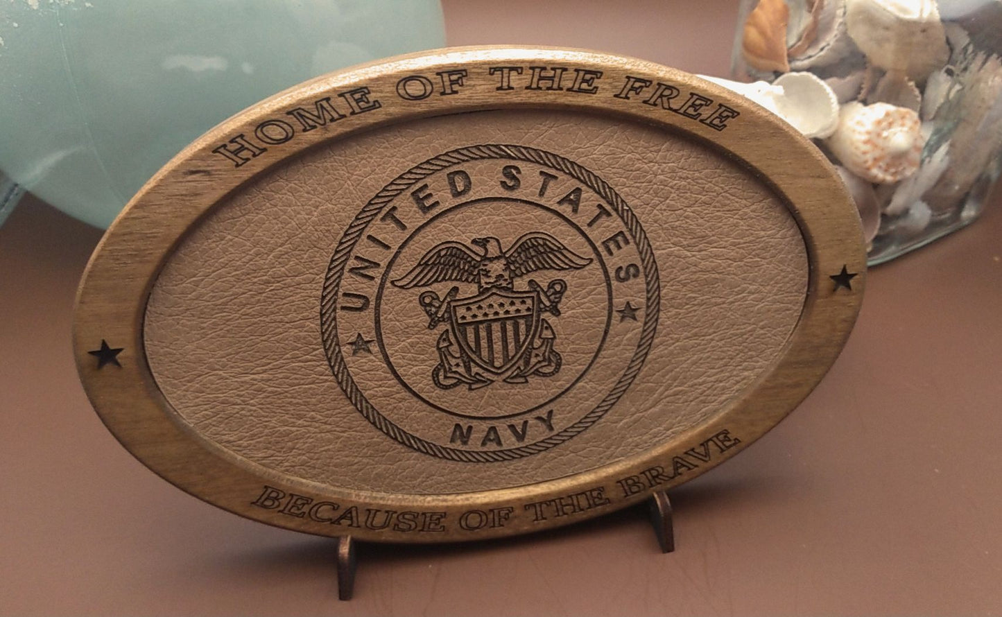 US Navy Service Recognition Plaque, Engraved Leather,Solid Wood Carving,Veteran Gift,Military Gift, Birthday Gift,Desk Display,USN,Thank You