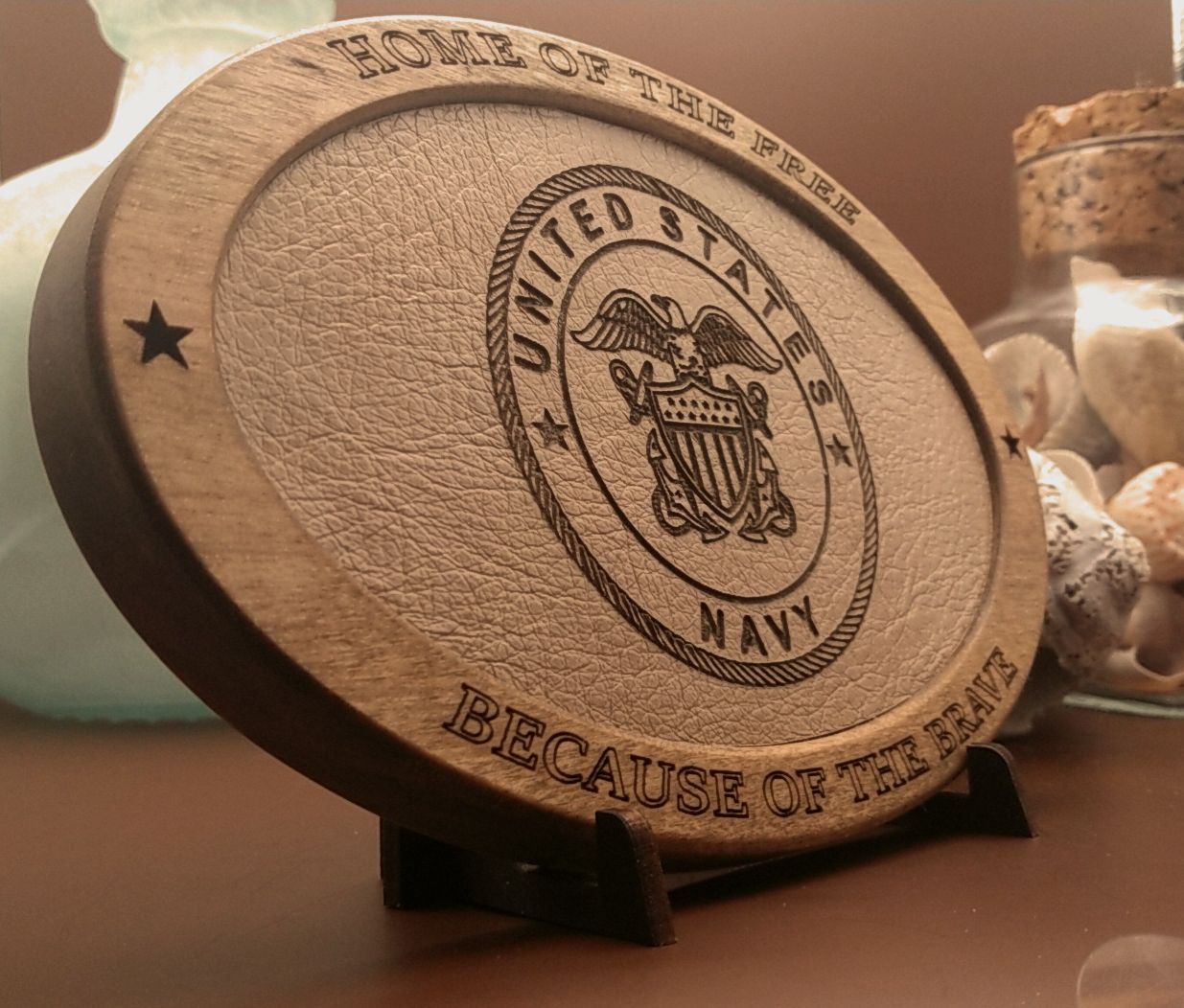 US Navy Service Recognition Plaque, Engraved Leather,Solid Wood Carving,Veteran Gift,Military Gift, Birthday Gift,Desk Display,USN,Thank You