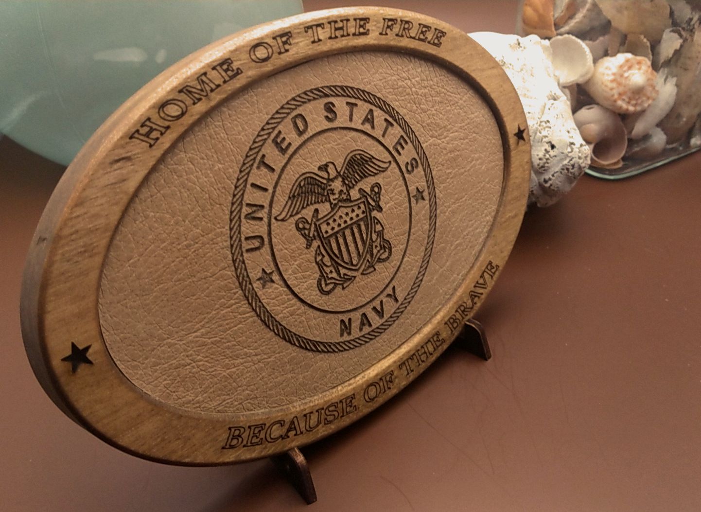 US Navy Service Recognition Plaque, Engraved Leather,Solid Wood Carving,Veteran Gift,Military Gift, Birthday Gift,Desk Display,USN,Thank You