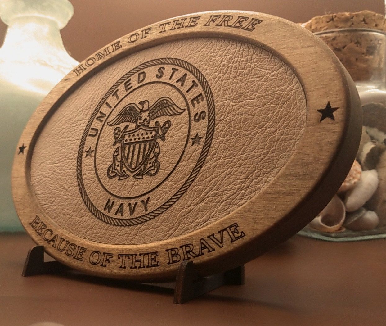 US Navy Service Recognition Plaque, Engraved Leather,Solid Wood Carving,Veteran Gift,Military Gift, Birthday Gift,Desk Display,USN,Thank You