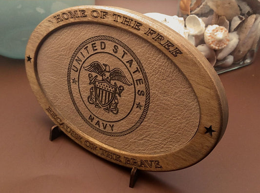 US Navy Service Recognition Plaque, Engraved Leather,Solid Wood Carving,Veteran Gift,Military Gift, Birthday Gift,Desk Display,USN,Thank You