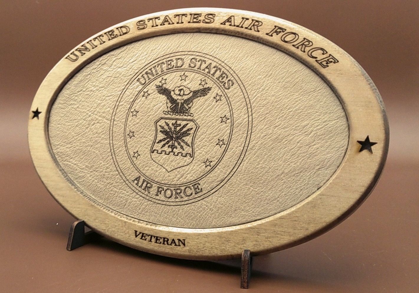 US Air Force Veteran Service Recognition Plaque, Engraved Leather,Hand-Finished Wood,Military Gift,Desk Display,USAF,Solid Wood,Desk Display