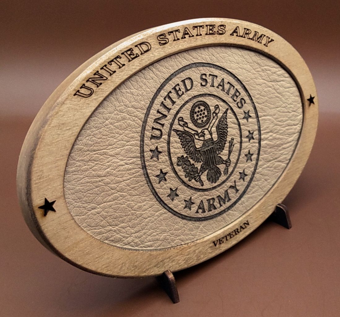 US Army Veteran Service Recognition Plaque, Engraved Leather,Hand-Finished,Wood Plaque,Military Gift,Desk Display,Wood Carving, Desk Display