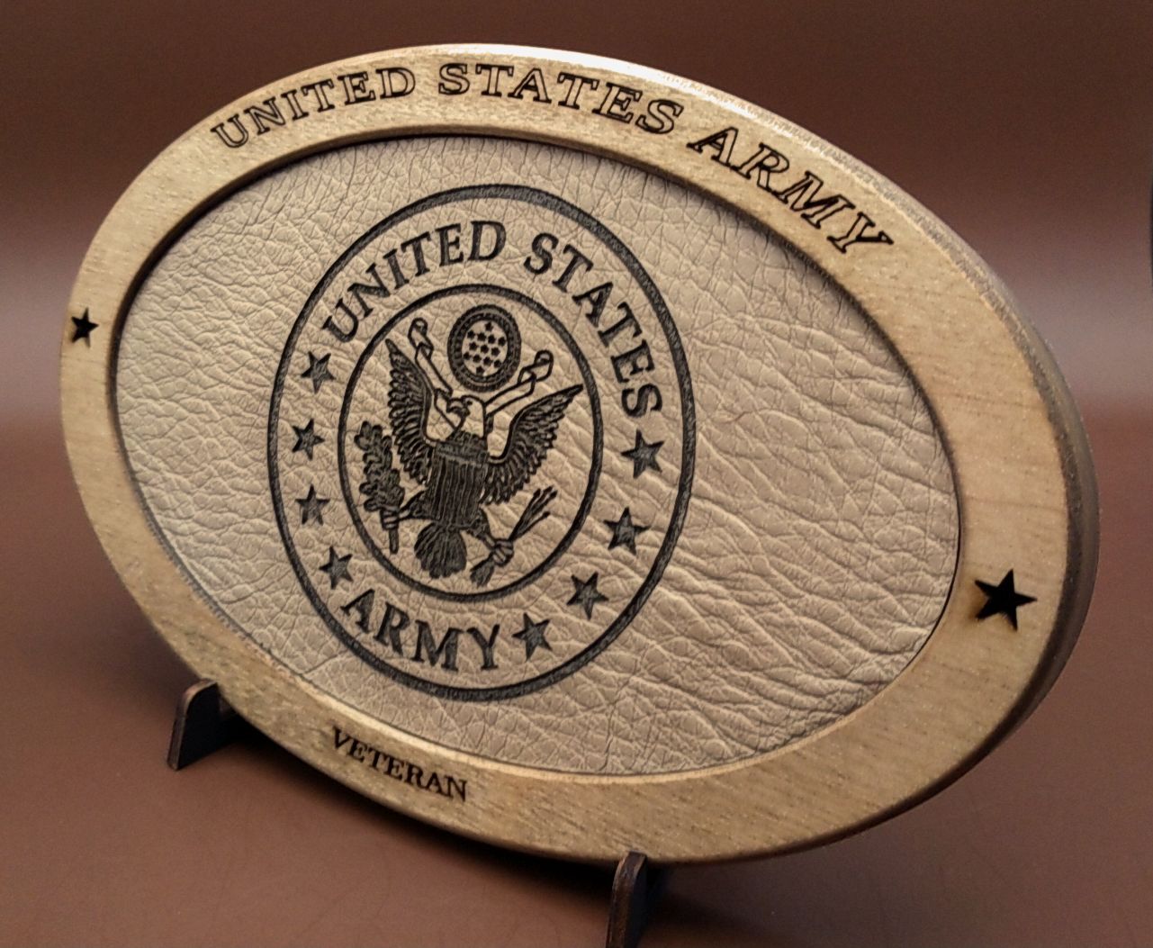 US Army Veteran Service Recognition Plaque, Engraved Leather,Hand-Finished,Wood Plaque,Military Gift,Desk Display,Wood Carving, Desk Display