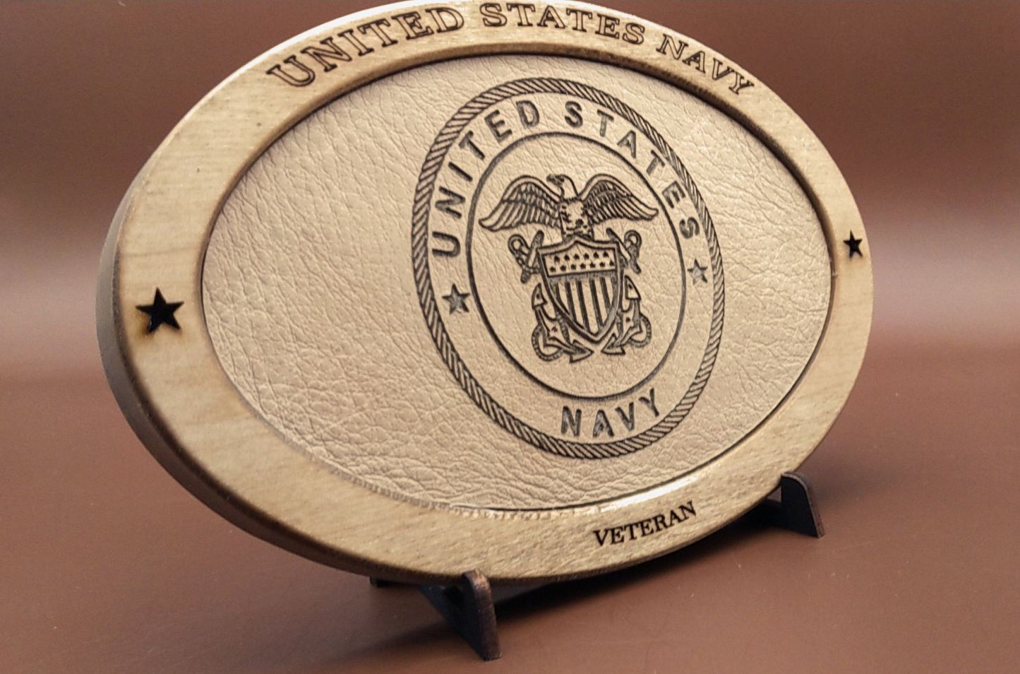 US Navy Veteran Service Recognition Plaque,Engraved Leather,Solid,Military Gift,Desk Display,Navy,Wood Carving,Desk Display,Recognition