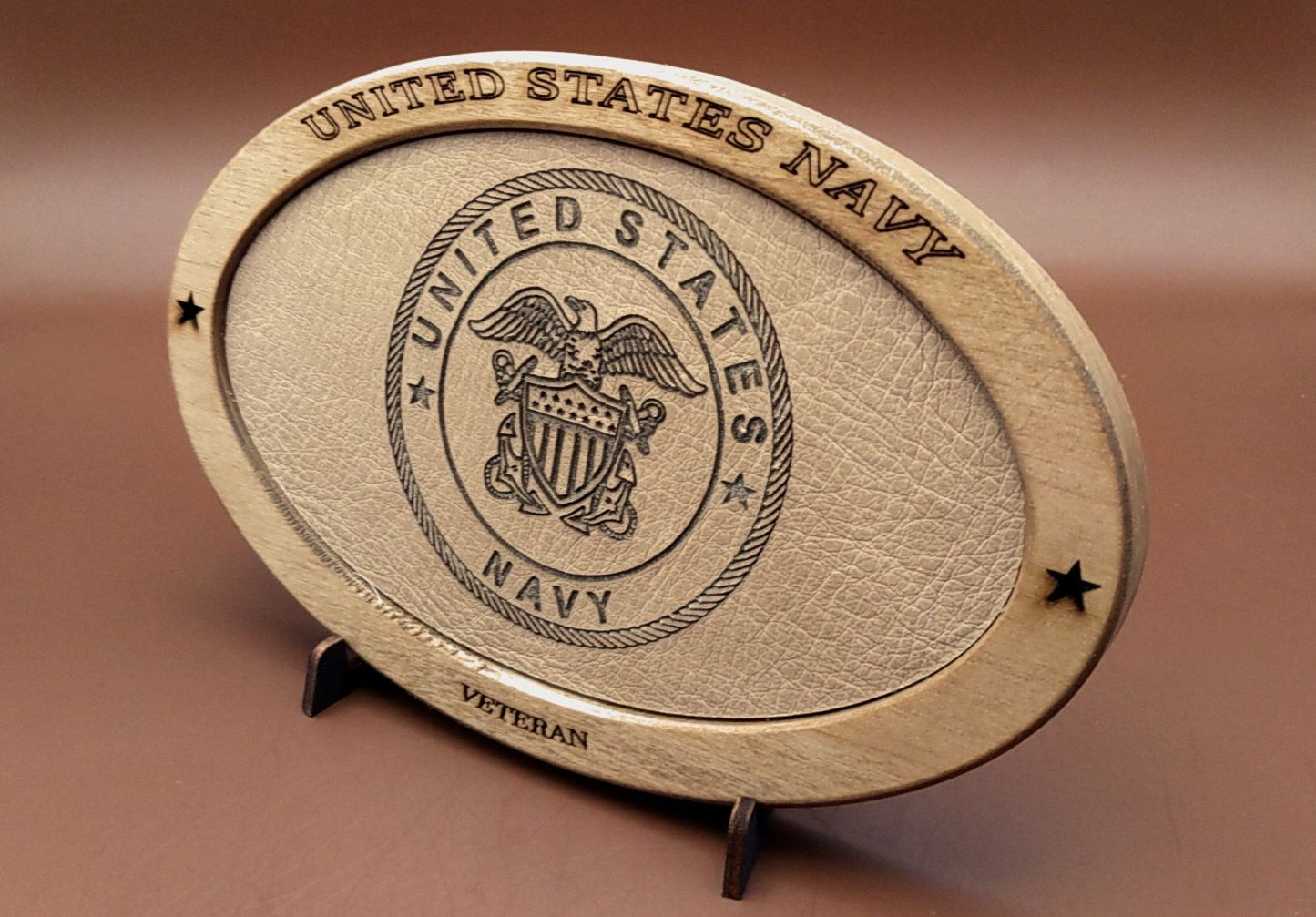 US Navy Veteran Service Recognition Plaque,Engraved Leather,Solid,Military Gift,Desk Display,Navy,Wood Carving,Desk Display,Recognition