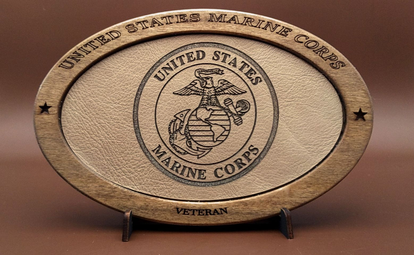 US Marine Corps Veteran Service Recognition Plaque, Engraved Leather,Hand-Finished,Military Gift,Desk Display,USMC,Solid Wood,Desk Display