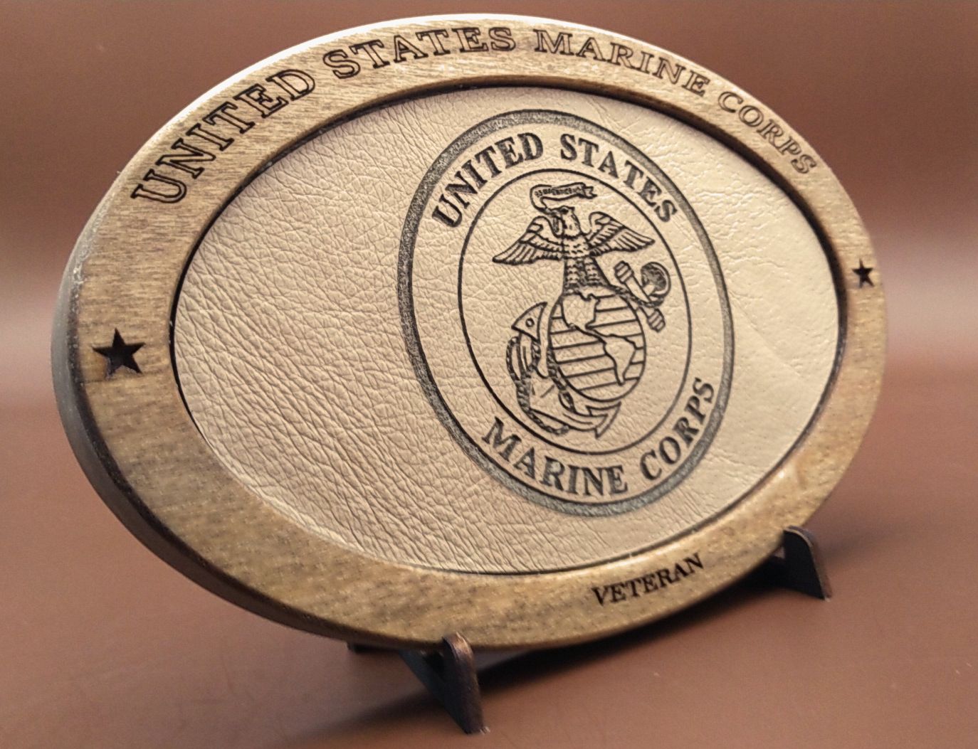 US Marine Corps Veteran Service Recognition Plaque, Engraved Leather,Hand-Finished,Military Gift,Desk Display,USMC,Solid Wood,Desk Display