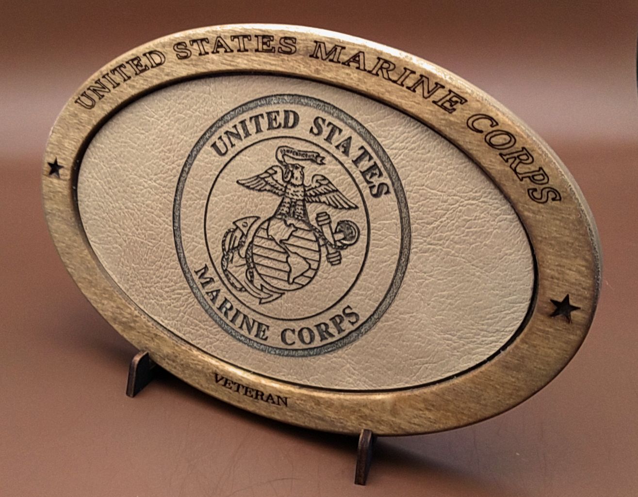 US Marine Corps Veteran Service Recognition Plaque, Engraved Leather,Hand-Finished,Military Gift,Desk Display,USMC,Solid Wood,Desk Display