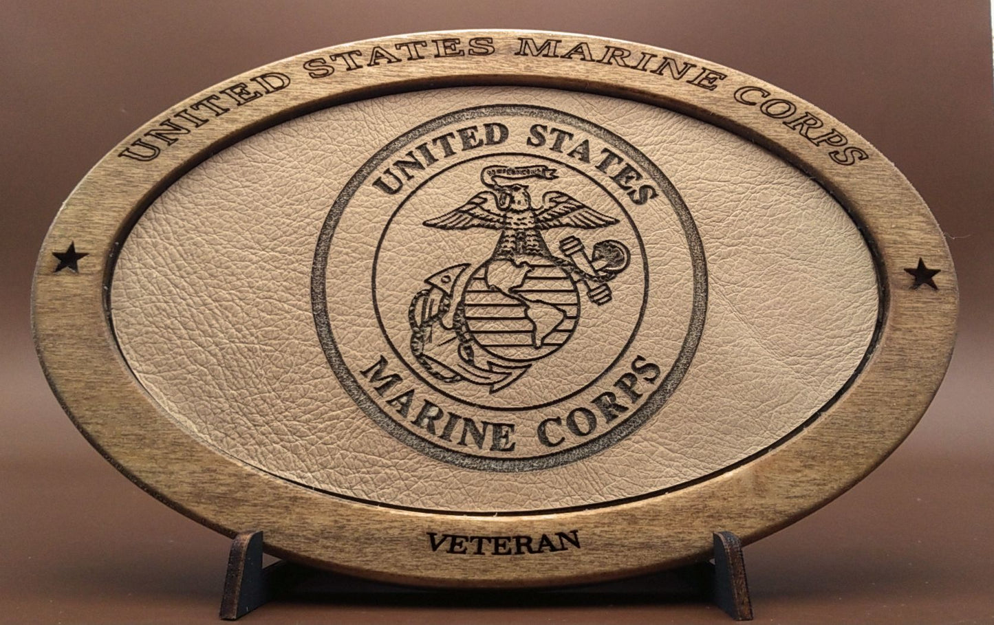 US Marine Corps Veteran Service Recognition Plaque, Engraved Leather,Hand-Finished,Military Gift,Desk Display,USMC,Solid Wood,Desk Display