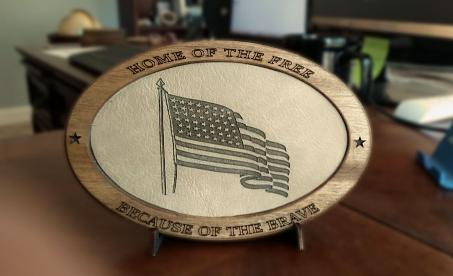 Patriotic Display,Engraved Leather,Wood Plaque,Wood Carving,Veteran Gift,Military Gift, Birthday Gift,Desk Display, US Flag, American Flag