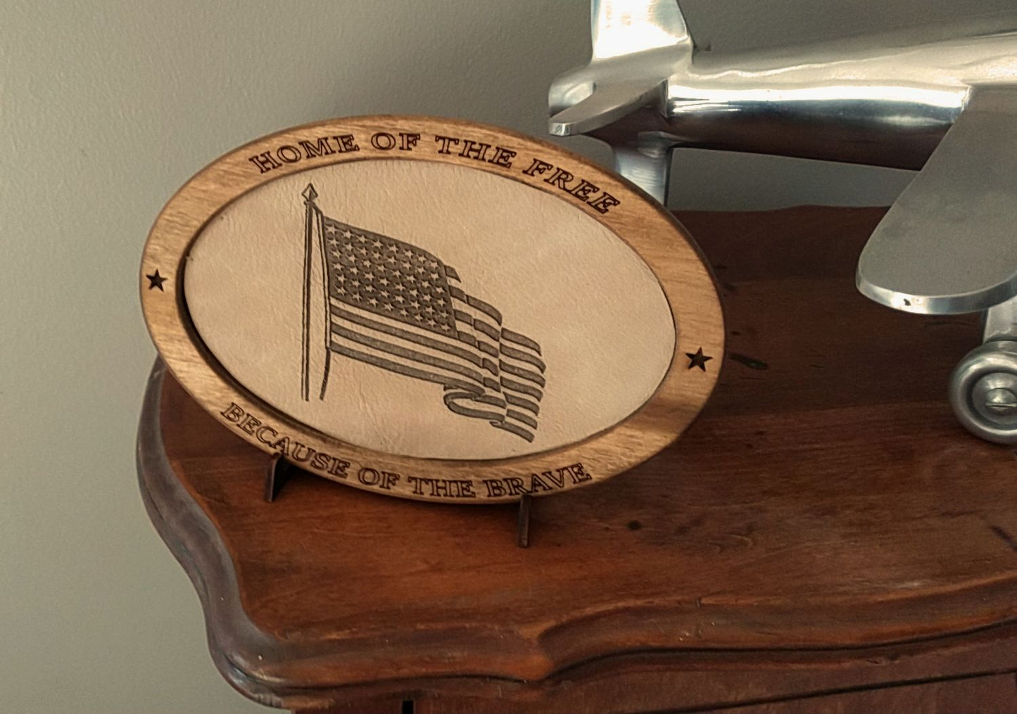 Patriotic Display,Engraved Leather,Wood Plaque,Wood Carving,Veteran Gift,Military Gift, Birthday Gift,Desk Display, US Flag, American Flag