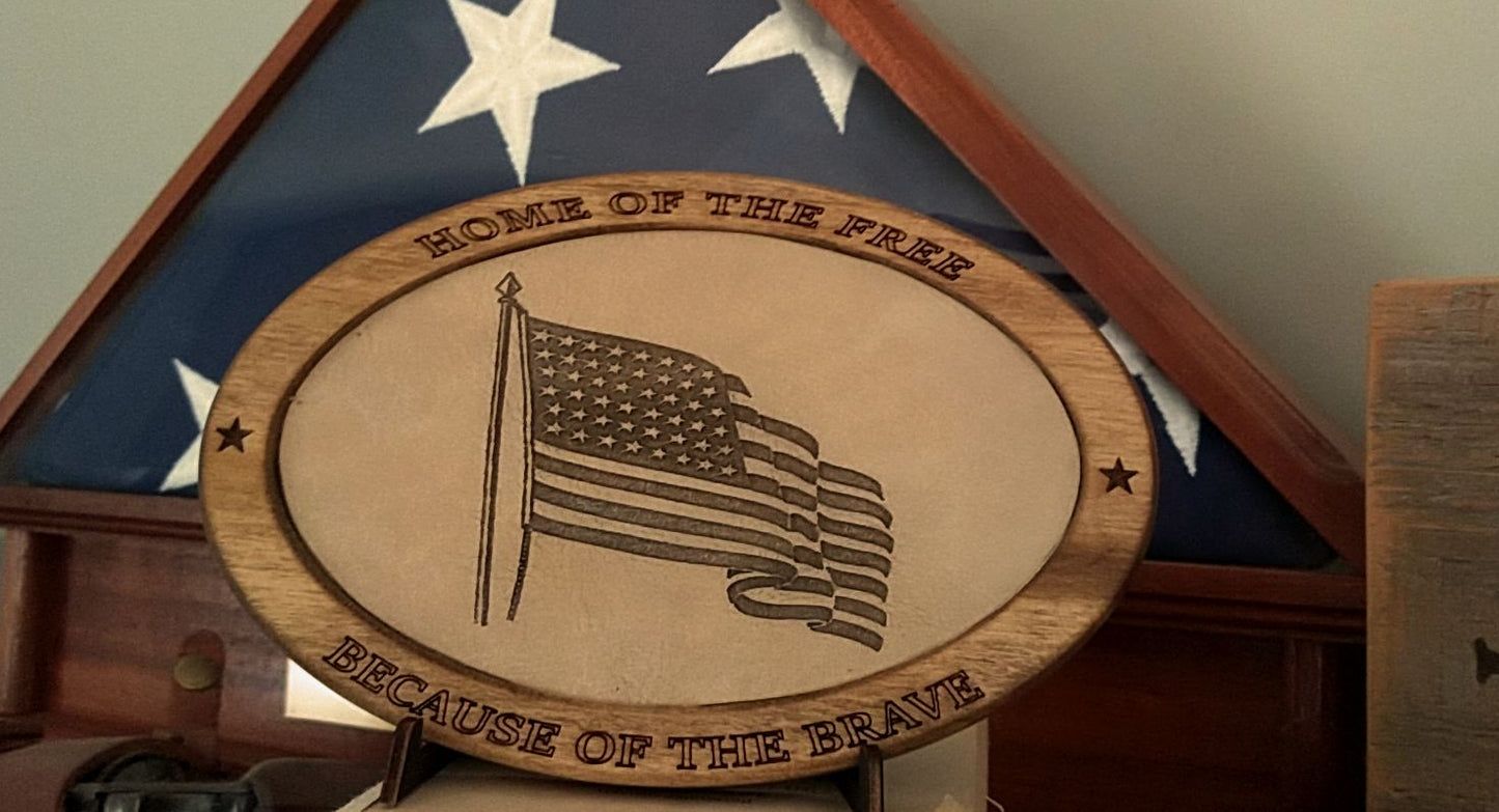 Patriotic Display,Engraved Leather,Wood Plaque,Wood Carving,Veteran Gift,Military Gift, Birthday Gift,Desk Display, US Flag, American Flag