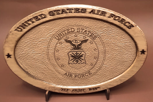 US Air Force Service Recognition Plaque,Engraved Leather,Hand-Finished,Wood Plaque,Veteran Gift,Military Gift,Desk Display,Wood Carving,USAF