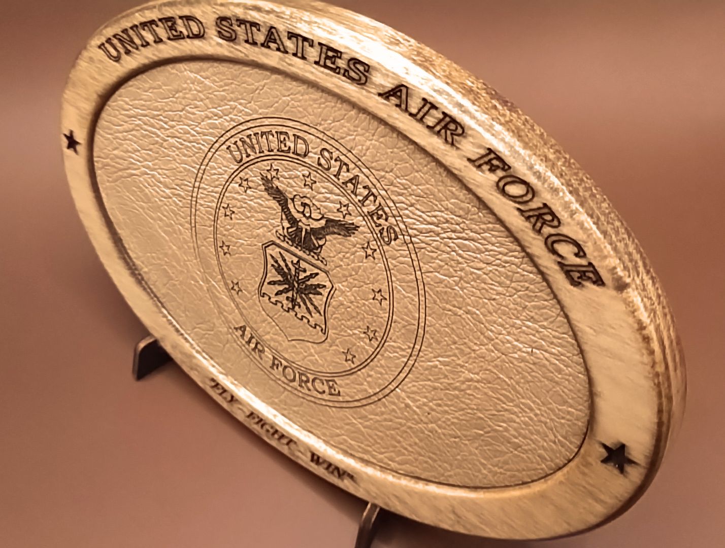 US Air Force Service Recognition Plaque,Engraved Leather,Hand-Finished,Wood Plaque,Veteran Gift,Military Gift,Desk Display,Wood Carving,USAF