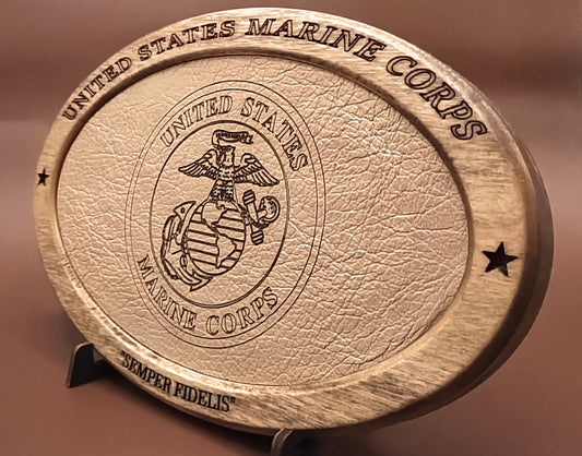 US Marine Corps Service Recognition Plaque, Engraved Leather,Solid Wood,Veteran Gift,Military Gift,Desk Display,Wood Carving,USMC