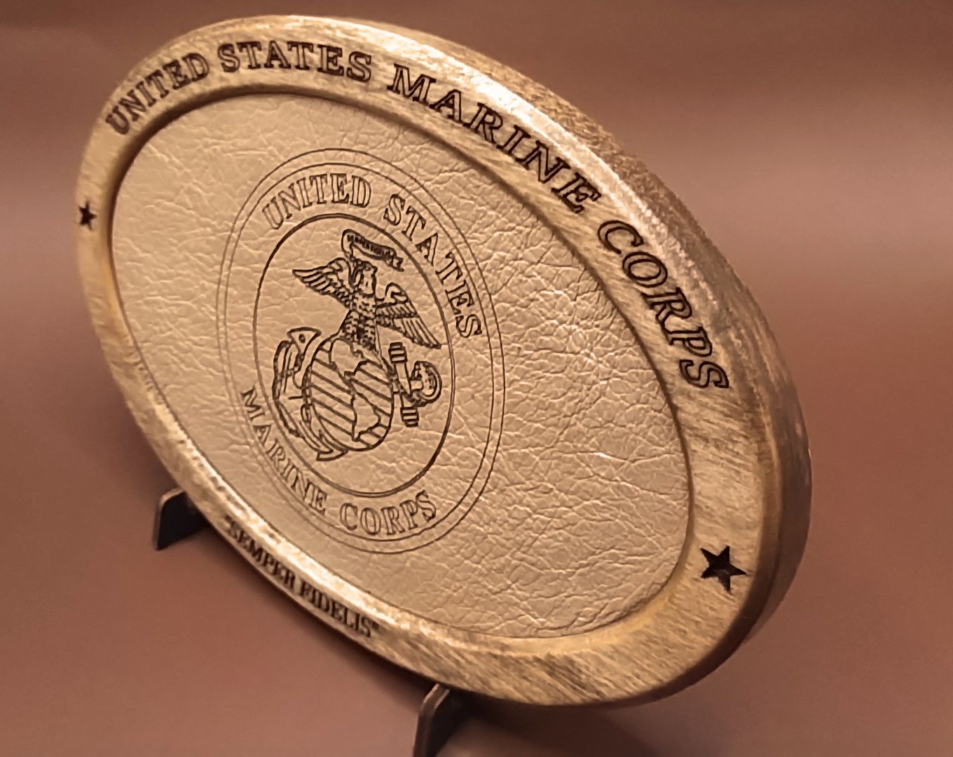 US Marine Corps Service Recognition Plaque, Engraved Leather,Solid Wood,Veteran Gift,Military Gift,Desk Display,Wood Carving,USMC