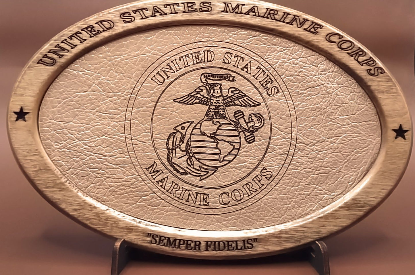 US Marine Corps Service Recognition Plaque, Engraved Leather,Solid Wood,Veteran Gift,Military Gift,Desk Display,Wood Carving,USMC